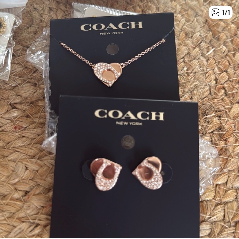 Coach Kids Rose Gold Heart Necklace with Crystal Accents and Matching Studs